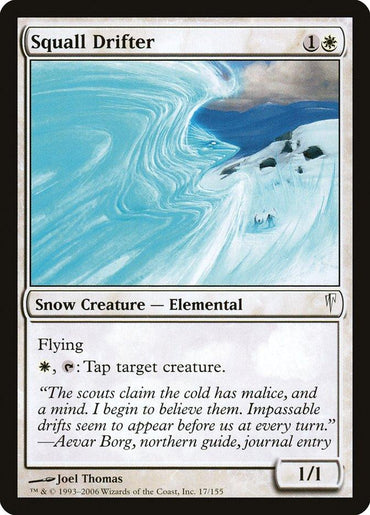 The "Squall Drifter [Coldsnap]" card from Magic: The Gathering highlights a frigid landscape with swirling snow, expertly captured by Joel Thomas's artwork. This Snow Creature–Elemental not only possesses flying abilities but can also tap to freeze a target creature. Its flavor text evocatively describes cold and impassable drifts.