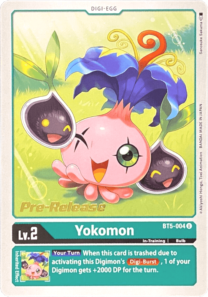 The image shows a "Yokomon [BT5-004] [Battle of Omni Pre-Release Promos]" card from the Digimon card game, featuring a pink bulb Digimon with purple leaves and two smaller buds. The card includes details about its game stats and special effects.