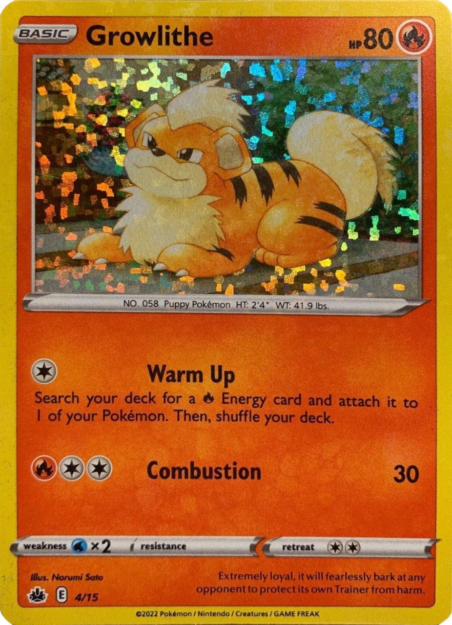 A Pokémon trading card featuring Growlithe. The card, part of the Pokémon McDonald's Promos: Match Battle, has an orange border and a sparkly holographic background. Growlithe (4/15) [McDonald's Promos: Match Battle], a Puppy Pokémon, is depicted in the center. The card details include 80 HP, two moves: 