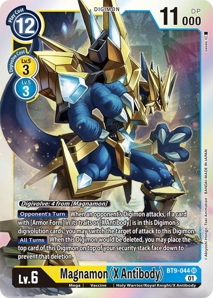 A Super Rare playing card depicting Magnamon (X Antibody) [BT9-044] [X Record], a Digimon with 12 play cost and 11,000 DP. It is a Level 6 Mega form with yellow and blue armor and shining golden highlights. The card text outlines its abilities and play strategy. Brand name: Digimon.