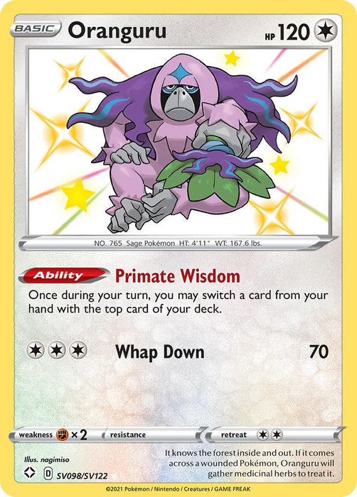 Image of a Pokémon trading card featuring Oranguru (SV098/SV122) [Sword & Shield: Shining Fates] from the Pokémon brand. The card has a grey border, with Oranguru's image at the top, depicted as a white, ape-like creature with purple fur and an orange fan. This Ultra Rare card includes the ability "Primate Wisdom" and the attack "Whap Down" dealing 70 damage.