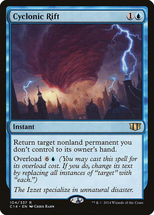 A Magic: The Gathering card titled "Cyclonic Rift [Commander 2014]." This rare instant features a blue border and depicts a massive swirling storm above a city with lightning striking down. The text describes the card's abilities, including returning a nonland permanent to its owner's hand and an overload casting option.