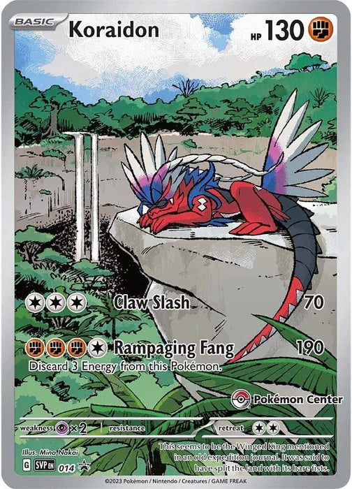 A Pokémon card featuring Koraidon, a dragon-like creature with red and blue feathers and sharp claws. It stands atop a rocky terrain with greenery in the background. This Koraidon (124/198) (Pokemon Center Exclusive) [Scarlet & Violet: Black Star Promos] card displays the moves "Claw Slash" and "Rampaging Fang," boasting 130 HP, along with various Pokémon details at the bottom.
