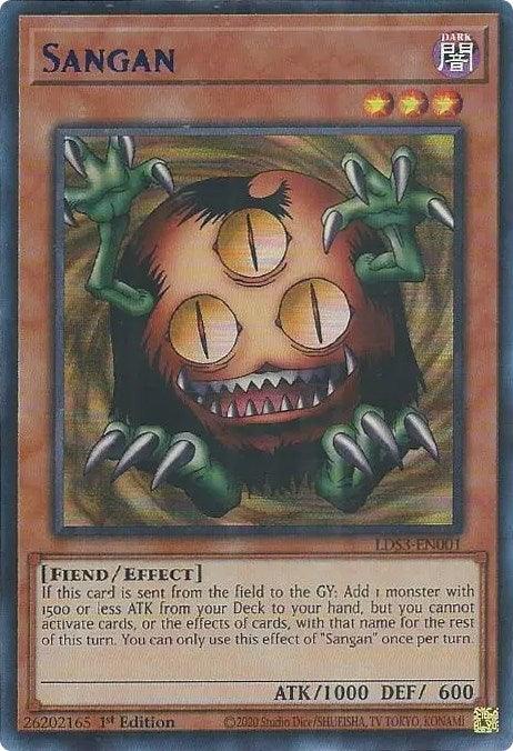 A Yu-Gi-Oh! card titled "Sangan (Blue) [LDS3-EN001] Ultra Rare." This Ultra Rare Effect Monster features a fiendish creature with three eyes, sharp teeth, and green clawed hands. With stats of 1000 ATK and 600 DEF, its effect lets players add a monster with 1500 or less ATK from the Deck to the hand when sent to the GY in Legendary Duel.