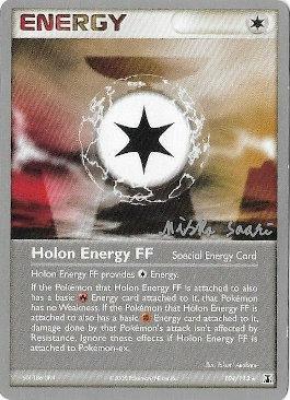 A rare Pokémon trading card titled "Holon Energy FF (104/113) (Suns & Moons - Miska Saari) [World Championships 2006]" from the EX Delta Species set, featuring a metallic energy symbol in a circular frame with flames. As a special energy card, it describes abilities for attached Pokémon, including losing Weakness and avoiding damage from special attacks.