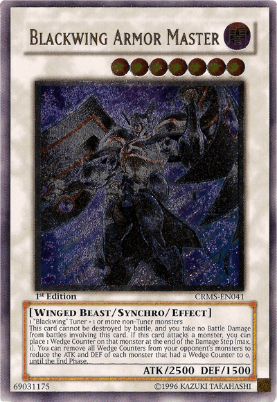 A Yu-Gi-Oh! product titled "Blackwing Armor Master [CRMS-EN041] Ultimate Rare." This 1st Edition Ultimate Rare card boasts Winged Beast/Synchro/Effect monster attributes, with an armored winged beast depicted and a DEF of 1500 and ATK of 2500. In the lower-left corner is the number 690.