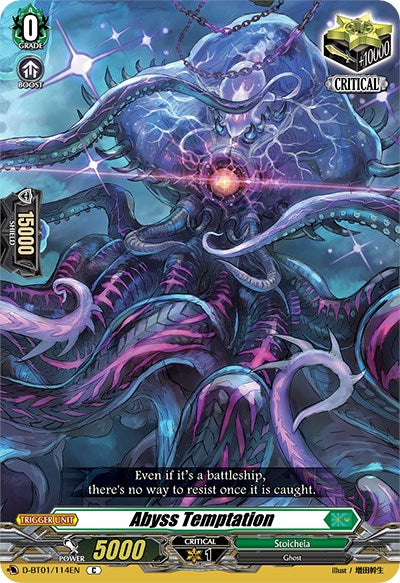 The "Abyss Temptation" trading card (D-BT01/114EN) from Bushiroad's Genesis of the Five Greats collection features a Grade 0 Trigger Unit with 5000 Power and 1 Critical. The artwork showcases a ghostly, ethereal creature with tentacles and glowing energy. Text at the bottom reads, "Even if it's a battleship, there's no way to resist once it is caught.