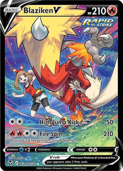 A Pokémon Blaziken V (TG14/TG30) [Sword & Shield: Silver Tempest] trading card featuring Blaziken V with 210 HP. The card showcases Blaziken in a dynamic pose performing a kick, while a character in a green scarf and shorts looks on with determination. Part of the Silver Tempest set, it has two attacks: High Jump Kick (50 damage) and Fire Spin (210 damage), with a weakness to Water types.