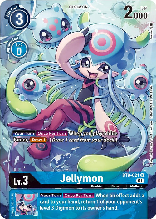 The image is a rare Digimon card featuring Jellymon [BT9-021] (Alternate Art) [X Record], a mollusk-type rookie character with long, flowing blue hair and a pink hat with a spiral design. The card shows details like play cost, DP, level, attributes, and abilities, with colorful jellyfish surrounding the character in an underwater scene.