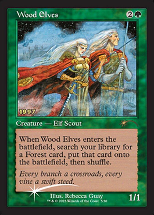 Magic: The Gathering card titled "Wood Elves [30th Anniversary Promos]." The card features detailed artwork of two Elf Scouts in a snowy forest, one holding a staff. The text explains, "When Wood Elves enters the battlefield, search your library for a Forest card, put that card onto the battlefield, then shuffle.