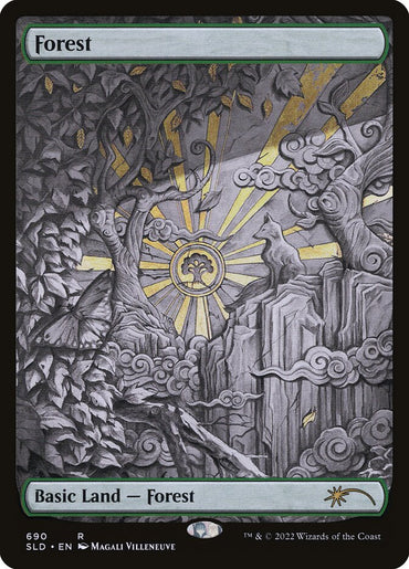 A detailed Magic: The Gathering card, named "Forest (690) (Sketch) [Secret Lair Drop Promos]," showcases a mystical forest scene with a sunburst at the center, enveloped by ornate cloud patterns. The intricate black and gray design features trees and a wolf, with a butterfly prominently displayed in the foreground. The card is labeled as "Basic Land — Forest.