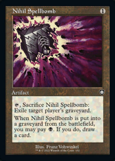 A Magic: The Gathering card titled "Nihil Spellbomb (Retro)" from The Brothers' War Commander set. It depicts an artifact costing 1 colorless mana, with dark, shattering spellbomb art amidst pink and purple energy. Its abilities include exiling a graveyard, sacrificing for mana, and drawing a card.