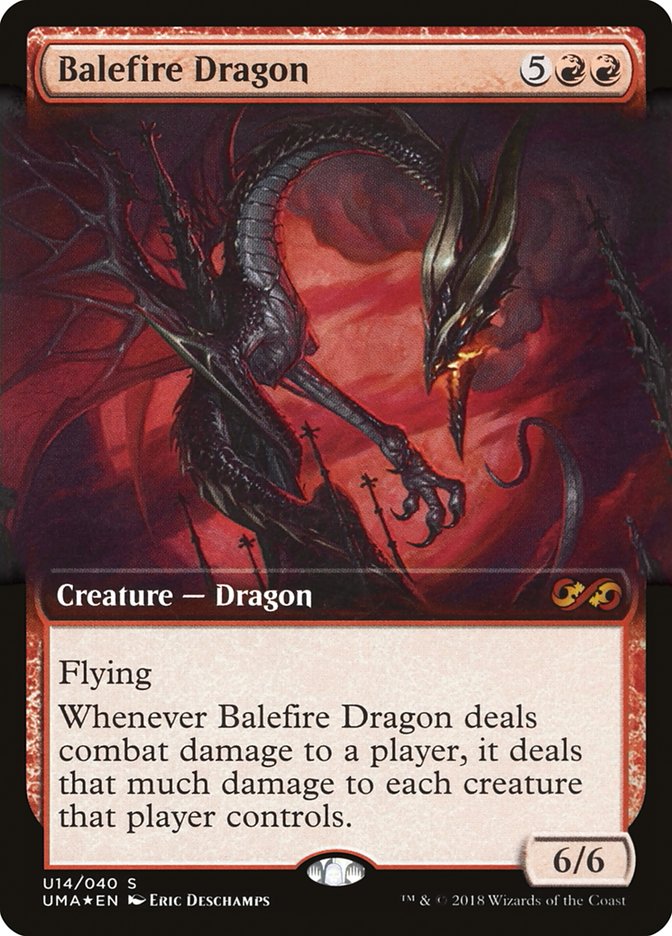 A trading card titled "Balefire Dragon (Topper)" from the Magic: The Gathering Ultimate Masters Box Topper set, costing 5 generic and 2 red mana. The card features a black dragon with red accents and wings spread, breathing fire. It has flying ability and deals damage equal to the player's damage to each creature they control. Its power/toughness is 6/6.