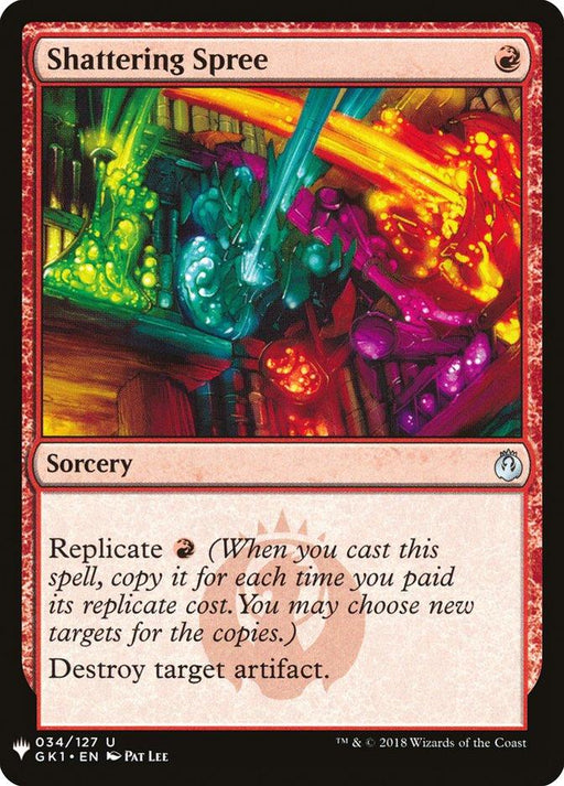 The image displays a Magic: The Gathering card titled "Shattering Spree [Mystery Booster]." This red sorcery card reads, "Replicate {R} (When you cast this spell, copy it for each time you paid its replicate cost. You may choose new targets for the copies.) Destroy target artifact." The illustration shows a chaotic scene of magical energy blasts sh