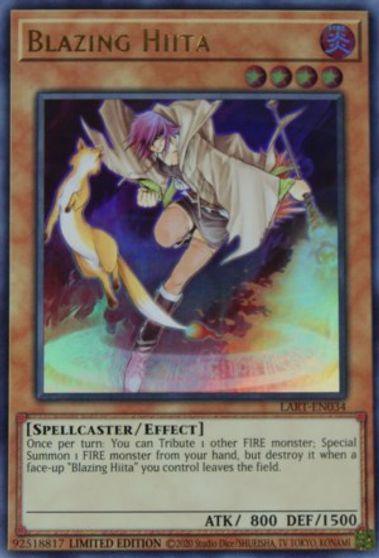 A Yu-Gi-Oh! card named "Blazing Hiita [LART-EN034] Common" showcases an anime-style character with purple hair, a white coat, and blue shorts, summoning a fire creature with a yellow, flame-like body. This Spellcaster/Effect Monster has attack points of 800 and defense points of 1500.