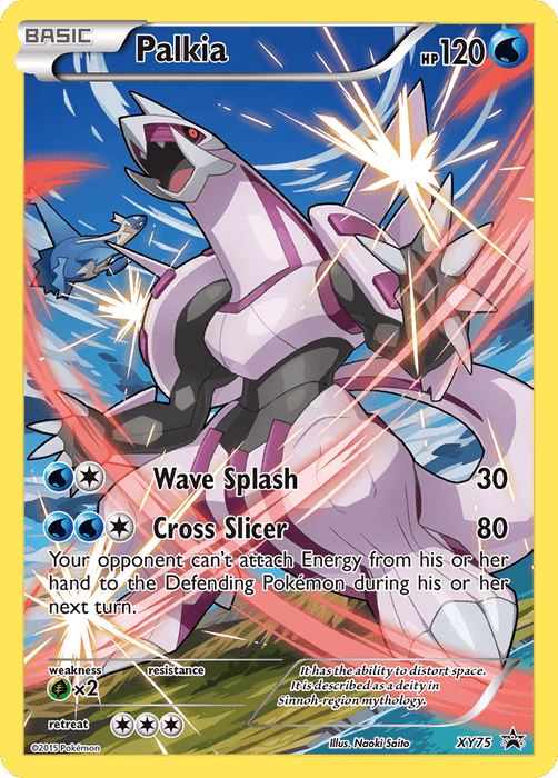 This Promo Pokémon trading card for Palkia (XY75) [XY: Black Star Promos] with 120 HP features a dynamic battle pose, showcasing water splashes around the fierce dragon-like Pokémon. It details two attacks: Wave Splash (30 damage) and Cross Slicer (80 damage), with a special effect to prevent the opponent’s energy attachment. The card, illustrated by Naoki Saito, has a Fairy-type weakness of "x2.