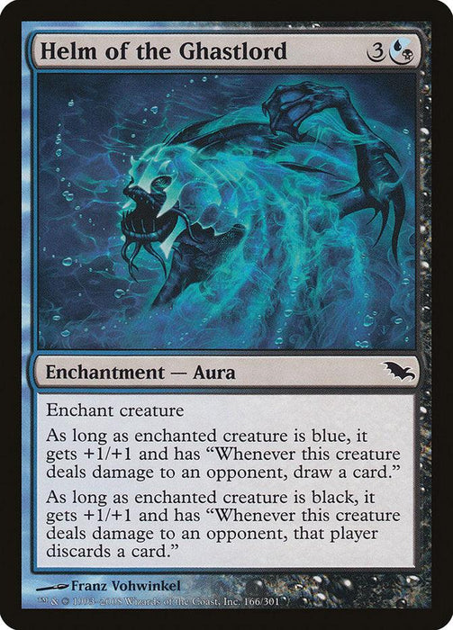 A Magic: The Gathering card titled Helm of the Ghastlord [Shadowmoor] from the Magic: The Gathering set. The card depicts a ghostly, blue skeletal creature wearing an ethereal helmet. This Enchantment - Aura costs 3 mana and 1 blue mana, enhancing blue creatures to draw cards and black creatures to discard cards.
