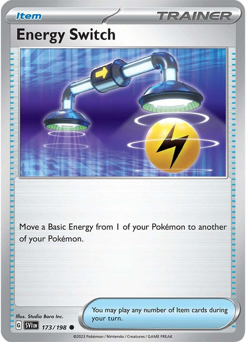 A Pokémon card titled "Energy Switch (173/198) [Scarlet & Violet: Base Set]" from the Pokémon brand. The card illustration depicts a mechanical apparatus transferring energy, represented by a yellow orb with a black lightning bolt, through two illuminated tubes. The card text reads: "Move a Basic Energy from 1 of your Pokémon to another of your Pokémon.