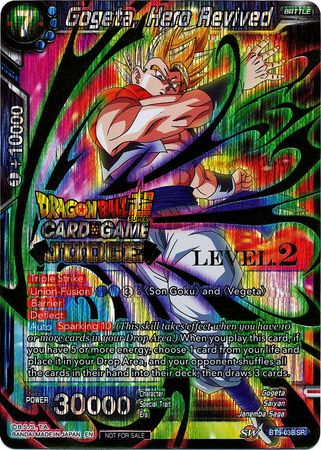 A Dragon Ball Super trading card, "Gogeta, Hero Revived (Level 2) (BT5-038) [Judge Promotion Cards]," features a striking holographic design. This promo card highlights Gogeta, the fusion of Goku and Vegeta, in a vivid and energetic battle pose with swirling energy. The card details various abilities and stats, including an impressive power level of 30,000.