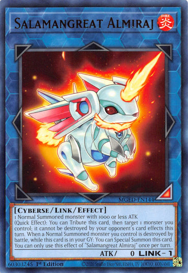 The image shows the "Salamangreat Almiraj [MGED-EN144] Rare" Yu-Gi-Oh! trading card from the Maximum Gold: El Dorado set. It features a small, blue and white mechanical rabbit with red accents and a fiery aura. The card, a Link/Effect Monster, has attributes including Link 1, ATK 0, and Cyberse/Link/Effect type. Text details effects