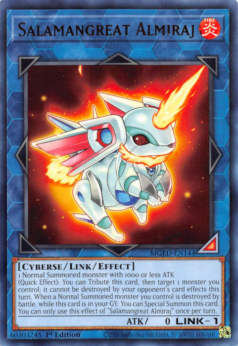 The image shows the "Salamangreat Almiraj [MGED-EN144] Rare" Yu-Gi-Oh! trading card from the Maximum Gold: El Dorado set. It features a small, blue and white mechanical rabbit with red accents and a fiery aura. The card, a Link/Effect Monster, has attributes including Link 1, ATK 0, and Cyberse/Link/Effect type. Text details effects