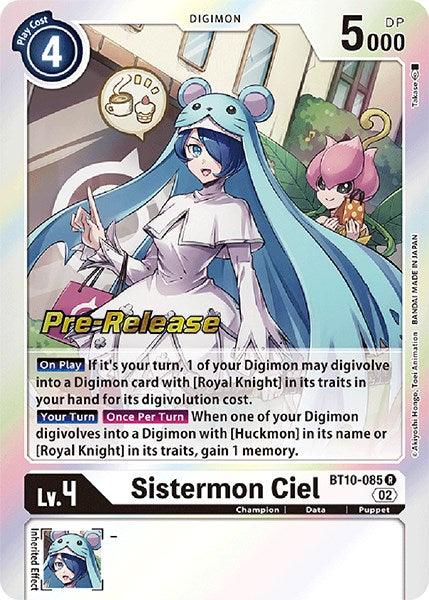 The Digimon card "Sistermon Ciel [BT10-085] [Xros Encounter Pre-Release Cards]" depicts a female character with long blue hair adorned with a bear-themed hat, wearing a white outfit. With a play cost of 4 and DP of 5000, it features abilities linked to digivolution and Royal Knight traits. The "Pre-Release" label underscores its unique status.