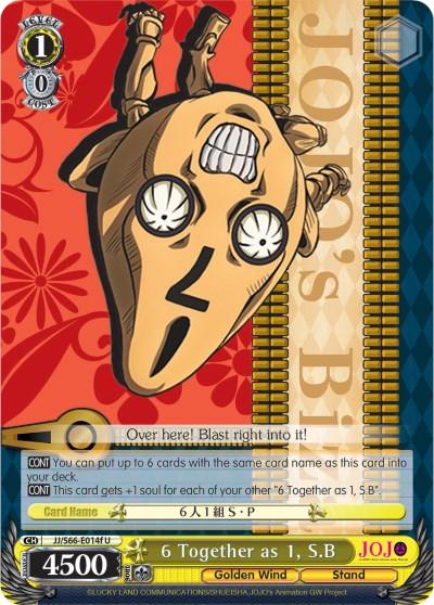 A trading card from the JoJo’s Bizarre Adventure: Golden Wind series featuring “6 Together as 1, S.B (JJ/S66-E014f U)” by Bushiroad. The Yellow Level 1 card displays a golden figure with a heart-shaped face, screws, and a peg-shaped body. With a power of 4500 and the JoJo logo against a red background with a golden pattern, it's perfect for any card game enthusiast.