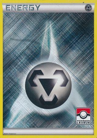 A Pokémon Trading Card featuring a Metal Energy (2011 Pokemon League Promo) [League & Championship Cards]. The card has a metallic background with a gradient of silver shades and a central symbol consisting of a 3-pronged triangular design, representing Metal Energy. This promotional piece is part of the exclusive League & Championship Cards series, with the Pokémon League logo displayed in the bottom right corner.