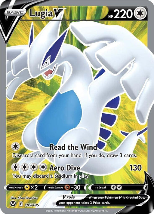 A Pokémon trading card featuring Lugia V (185/195) [Sword & Shield: Silver Tempest] from Pokémon. Lugia is depicted as a large white and blue creature with wings spread against a vibrant yellow and green background. The card has 220 HP and includes two moves: Read the Wind and Aero Dive. Additional details and statistics are visible at the bottom.