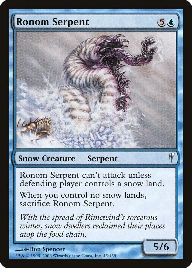 A "Magic: The Gathering" card named **Ronom Serpent [Coldsnap]** features artwork depicting a colossal serpent slithering across an icy, snow-covered landscape. This Snow Creature has the abilities: "Ronom Serpent can't attack unless defending player controls a snow land. When you control no snow lands, sacrifice Ronom Serpent." It boasts impressive stats with Power/Toughness of 5/6.