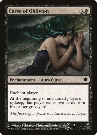 The Magic: The Gathering card "Curse of Oblivion [Innistrad]" features an illustration of a woman with long dark hair lying on her side, eyes closed, and dressed in a dark garment. This black Enchantment - Aura Curse compels the enchanted player to exile two cards from their graveyard during their upkeep.