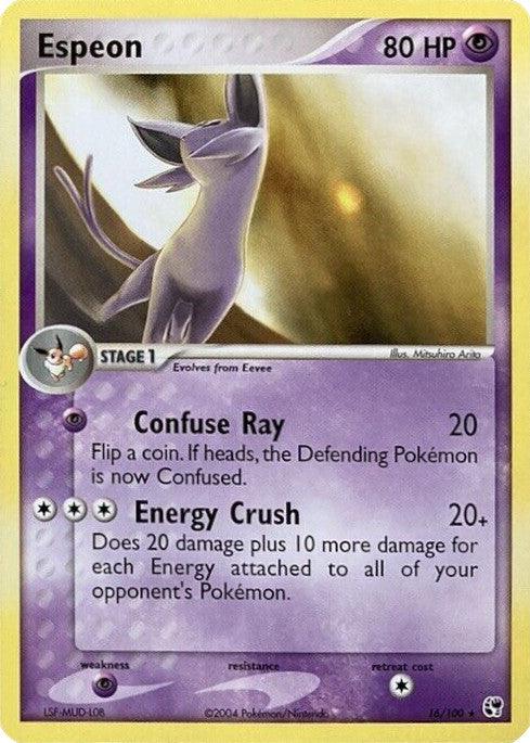 A rare Pokémon trading card featuring Espeon is depicted against a purple background, facing left with a shining jewel on its forehead. The card details include 80 HP, Confuse Ray attack, Energy Crush attack, and necessary Energy icons. Labeled 16/100 from the EX Unseen Forces set, it's perfect for any Battle Stadium duel.
