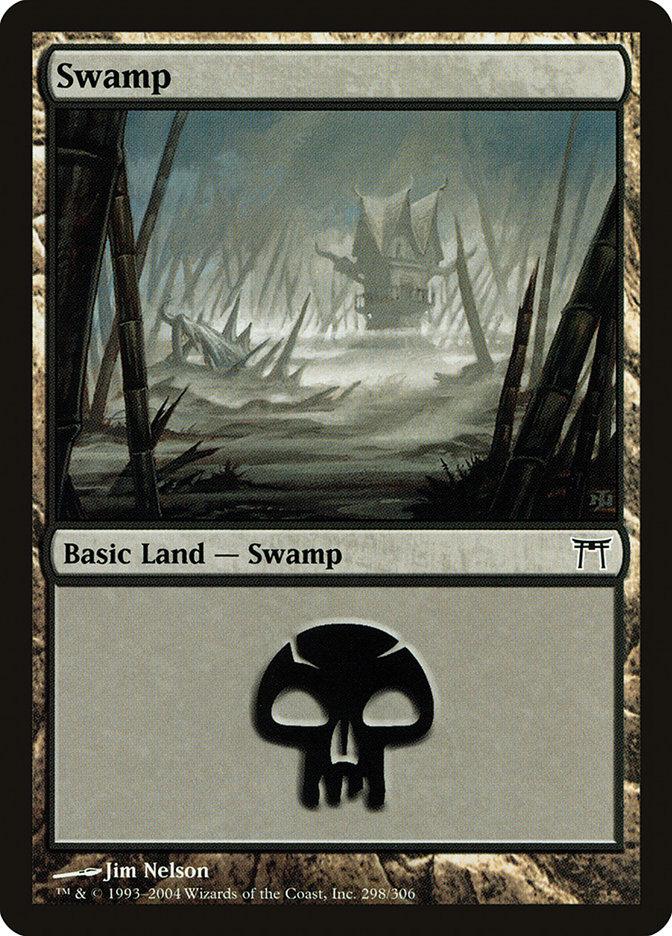 This "Swamp (298) [Champions of Kamigawa]" Magic: The Gathering card features artwork by Jim Nelson. The illustration portrays a dark, foggy swamp with skeletal trees and a small, eerie house perched on stilts in the background, all surrounded by murky water. The card is categorized as "Basic Land — Swamp," and includes a black mana symbol at the bottom.