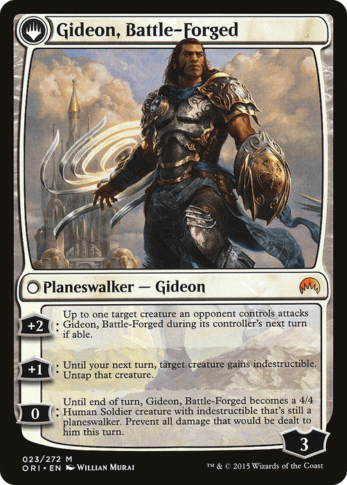 A Magic: The Gathering card titled "Kytheon, Hero of Akros // Gideon, Battle-Forged [Secret Lair: From Cute to Brute]" features a muscular, armored man with long hair and a sword standing in a dramatic, cloudy landscape. This Planeswalker card modifies creatures' abilities and has a loyalty count of 3. Art by Willian Murai.