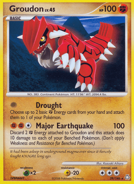 A rare Groudon (29/146) from the Pokémon Diamond & Pearl: Legends Awakened series. Groudon is depicted as a red and gray dinosaur-like creature with white spikes. The card is labeled "Groudon Lv.45" with 100 HP, featuring two attacks: "Drought" and "Major Earthquake." Illustrated by Kouki Saitou.