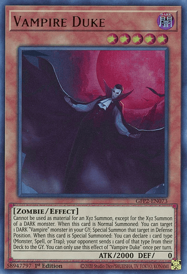 An image of a Yu-Gi-Oh! card titled "Vampire Duke [GFP2-EN073] Ultra Rare" from the Ghosts From the Past series. The card features a dark-themed illustration of a vampire with a cape and dark attire, standing against a red and purple background. It has 2000 ATK and 0 DEF points, being a Zombie/Effect monster with specific summoning and effect details.