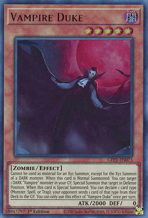 An image of a Yu-Gi-Oh! card titled "Vampire Duke [GFP2-EN073] Ultra Rare" from the Ghosts From the Past series. The card features a dark-themed illustration of a vampire with a cape and dark attire, standing against a red and purple background. It has 2000 ATK and 0 DEF points, being a Zombie/Effect monster with specific summoning and effect details.