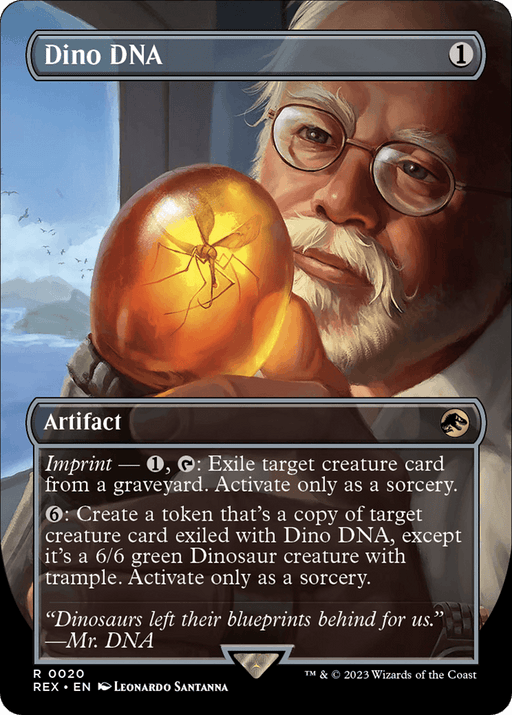 A man with glasses holds a glowing, orange egg-shaped object containing a small dinosaur. He is in close focus in the image. The card titled "Dino DNA (Borderless) [Jurassic World Collection]" is a rare artifact from the Magic: The Gathering with abilities for exiling and creating creature tokens. Flavor text reads, "Dinosaurs left their blueprints behind for us.