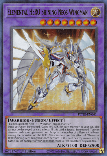 A Yu-Gi-Oh! trading card titled "Elemental HERO Shining Neos Wingman [POTE-EN041] Ultra Rare." The card's image features a winged, armored warrior emitting a golden glow and standing in a battle-ready pose. As an Ultra Rare Fusion Monster with 3100 ATK and 2500 DEF, its description details its special abilities and fusion requirements.