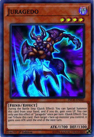 The image showcases a Yu-Gi-Oh! product named "Juragedo [INCH-EN041] Super Rare," an Effect Monster from The Infinity Chasers series. It features a dark, demonic fiend with a muscular build, glowing red eyes, and purple-tinted armor. Surrounded by visual effects of purple and blue energy, it boasts 1700 attack and 1300 defense stats.