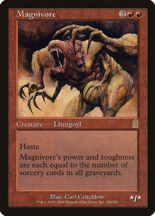 A Magic: The Gathering card from the Odyssey set, **Magnivore [Odyssey]** has a red border and costs 2 colorless and 2 red mana. It features a monstrous creature with multiple eyes and sharp teeth. With the keyword "Haste," its power and toughness are equal to sorcery cards in graveyards.