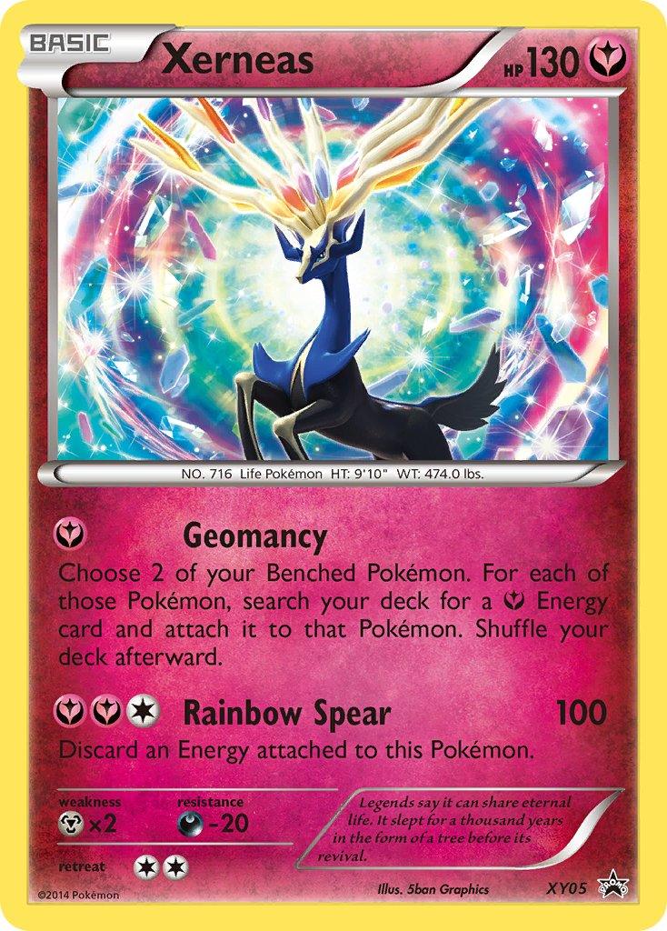 A Pokémon trading card featuring Xerneas (XY05) [XY: Black Star Promos] from the Black Star Promos series by Pokémon. The card is predominantly pink with a large illustration of Xerneas, a majestic, Fairy-type Pokémon with glowing antlers. Details include HP 130, attack moves 