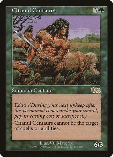 Magic: The Gathering card "Citanul Centaurs [Urza's Saga]" features a stunning illustration by Val Mayerik of muscular, armored centaurs wielding swords in a forest. This green-bordered Creature — Centaur costs 3 generic mana to cast, has 6 power and 3 toughness, and possesses the abilities Echo and Shroud.