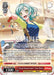 Anime-style trading card of "Rough Measurements" Hina Hikawa [BanG Dream! Girls Band Party! 5th Anniversary] from Bushiroad. It shows a green-haired girl in a playful pose, holding a scoop of sugar. Text boxes describe her game abilities. She wears a colorful apron with a kitchen background and card details include stats and game effects.