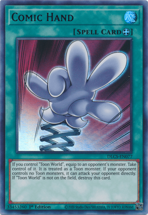 An Ultra Rare Comic Hand (Purple) [DLCS-EN077] from the Yu-Gi-Oh! trading card game. The card showcases an enlarged cartoonish white glove with three fingers giving a thumbs-up, emerging from a spring. The dynamic speed lines and gradient of red and pink hues add vibrancy, while text and icons adorn the borders.