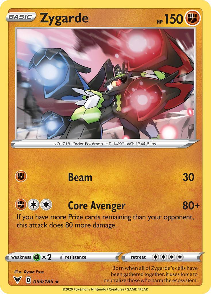 A Zygarde (093/185) [Sword & Shield: Vivid Voltage] Pokémon trading card from the Sword & Shield series featuring Zygarde with 150 HP. Zygarde is depicted with green, black, and red sections, emanating red energy. Moves are 