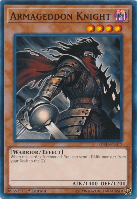 A "Yu-Gi-Oh!" trading card from Shaddoll Showdown featuring **Armageddon Knight [SDSH-EN017] Common**, an Effect Monster with dark armor and a red cape. The knight holds a glowing energy sword. The card has 1400 ATK and 1200 DEF. Its effect reads: send 1 DARK monster from deck to GY when summoned. Card number is SDSH-EN017.