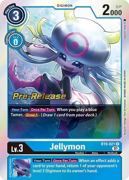 The Jellymon [BT9-021] [X Record Pre-Release Promos] card from Digimon is a rare Level 3 Rookie, Mollusk type with a play cost of 3 and 2000 DP. It evolves from a Level 2 Digimon at no cost and features special effects for drawing cards and returning opponent's Digimon to their hand. The card showcases vibrant artwork of Jellymon.