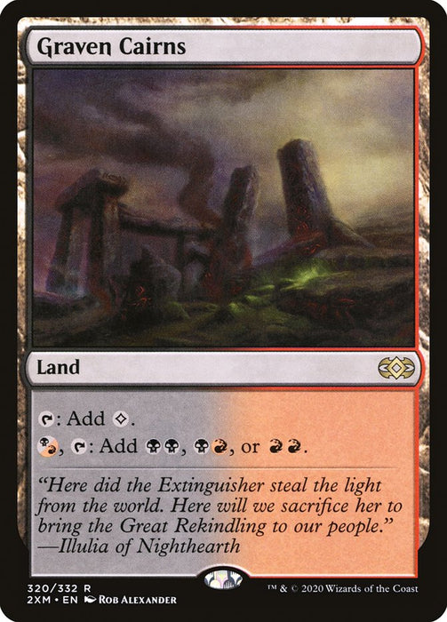 A rare Magic: The Gathering card titled "Graven Cairns [Double Masters]," featured in Magic: The Gathering. This land card, illustrated by Rob Alexander, depicts a dark, eerie landscape with monolithic structures. It adds black or red mana and its flavor text speaks of an extinguished light and a great rekindling.