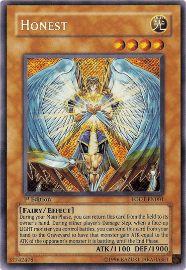 The Yu-Gi-Oh! card "Honest" [LODT-EN001] is a Secret Rare LIGHT Level 4 Fairy/Effect Monster with 1100 ATK and 1900 DEF, featuring an angelic figure adorned in ornate armor and large wings, holding a staff against a luminous backdrop.